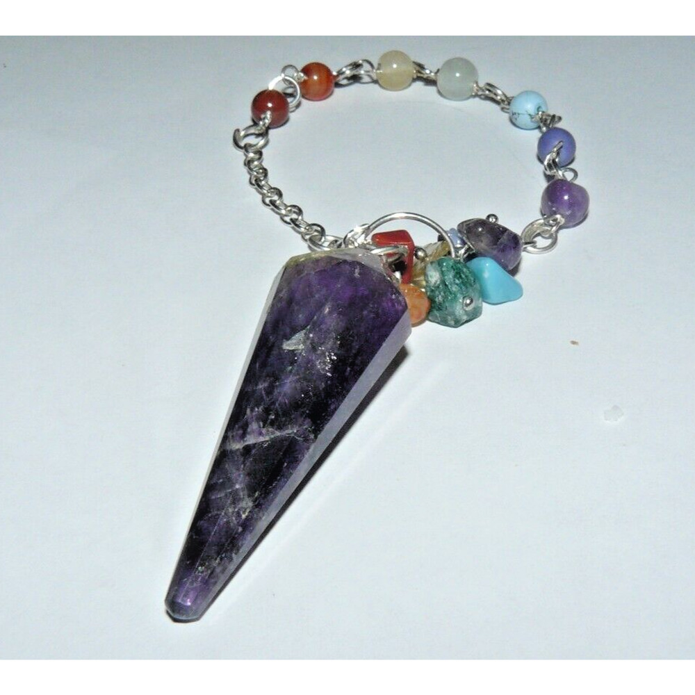 Natural Amethyst Crystal, Multiple Gemstone Bead Silver Bracelet 6.25" Long Vntg